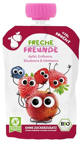 FRECHE FREUNDE Bio Quetschie Apfel, Erdbeere, Blaubeere & Himbeere, Fruchtmus im Quetschbeutel für Babys ab dem 6. Monat, glutenfrei & vegan, 6-er Pack (6 x 100g)