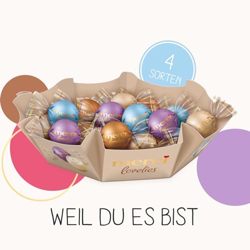 merci lovelies White – 1 x 185 g – Pralinen-Schachtel mit 4 gefüllten Schokoladen-Spezialitäten – Weiße Schokokugeln zum Teilen & Verschenken
