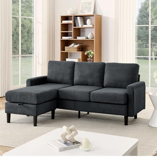 WinJoy Fabric L Shaped Couch, Upholstered Sectional Sofa with Removable & Storage Ottoman, 3 Seat Modular Sofa Set with Reversible Chaise for Living Room, Apartment (Dark Gray) - Thumbnail 4