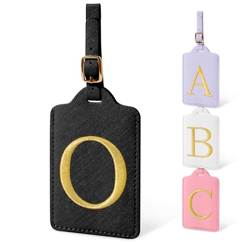 Image of Initial Letter Luggage Tags for Suitcases, Personalized Embroidered Letter Luggage Bag Suitcase Identifier Name Tag, Cute PU Leather Travel Luggage Tags, Bag Tags for Luggage Handbags(Black O)