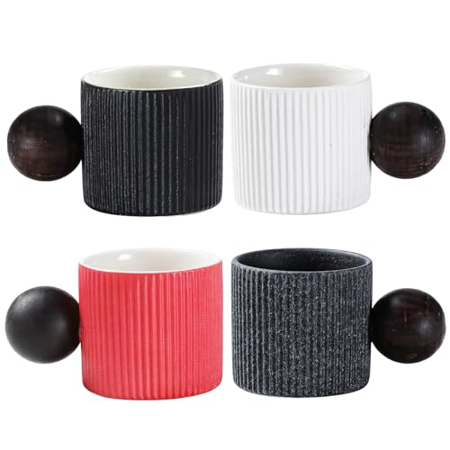 yeeplant Juego de 4 tazas de café expreso de cerámica, 56.7 g Demitasse con mango de madera, diseño de rayas verticales, colores surtidos, ideal para bebidas frías y calientes