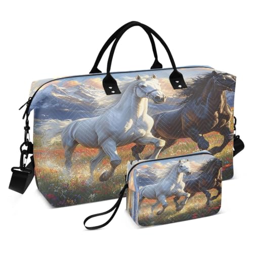 Horse Blossom Cityscape Mountan Travel Duffle Bag Gym Bag Weekender Bags with Toiletry Bag Travel Trip Tote Bag