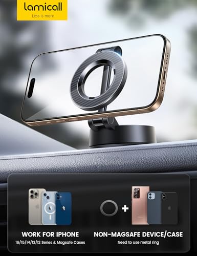 Image of Lamicall for Magsafe Car Mount Dashboard Windshield 70LBS Powerful Suction | Strongest Magnetic Phone Holders for Your Car 360 Rotation Adjustable for iPhone 17 Pro Max Smartphone Truck - Carbon Fiber