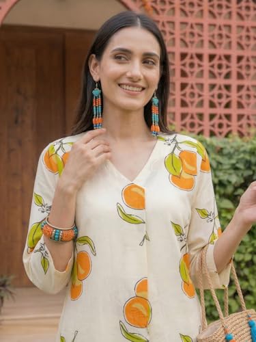 Image of INDO ERA Women Cotton White Printed Straight Kurta Pant Set