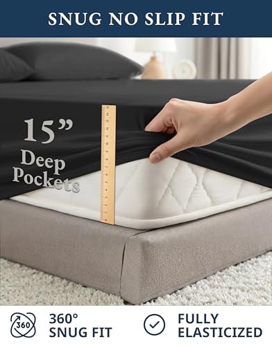 Image of LANE LINEN 100% Organic Cotton Twin Bed Sheet Set, 3 Pc Twin Size Sheets Set, Soft & Breathable Twin Sheet Set Boys, Hotel Style Bedding Sheets & Pillowcases, 15 inch Deep Fitted Sheet - Black