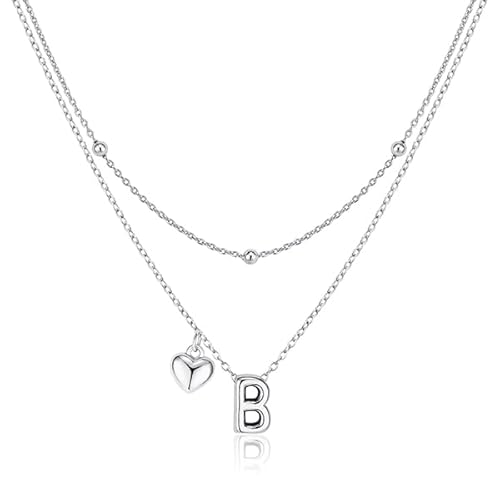 adoyi Valentines Day Gifts Silver Heart Initial Necklaces for Women 14k Gold Plated Layered bubble Letter Necklace Dainty Heart B Pendant Necklace Stack Birthday Valentines Day Gifts for Women Jewelry