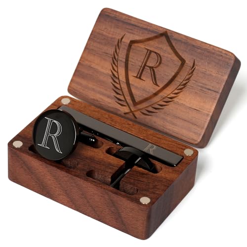 Image of Mens Initial Cufflinks and Tie Clip A-Z Alphabet Letter Black Stainless Cuff Links Tie Bar with Engraved Walnut Wood Box Groom Groomsman Wedding Set