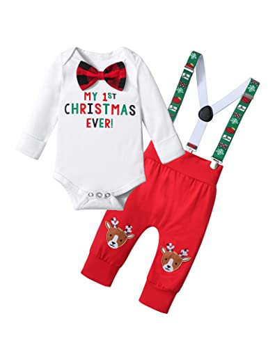 KANGKANG Baby Boy Christmas Outfit My First Christmas Ever Gentleman White Rompers + Suspender Pants 2Pcs Christmas Set - Main Image