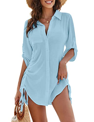 Image of Blooming Jelly Womens Bathing Suit Cover Ups Bikini Swimsuit Coverup Drawstring Button Down Beach Dress Shirt