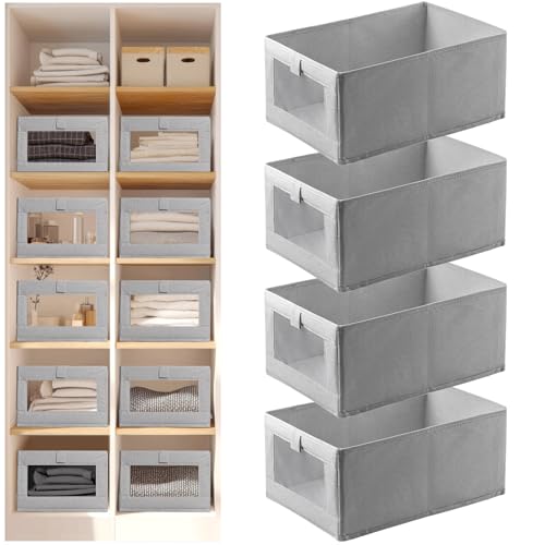 Linen Closet Organizers and Storage, 2 Pack Linen Closet Baskets with Mesh Window for Organization, Foldable Closet Organizer for Clothing, Towels, Toys, Nursery, Books, Shelves, Beige (Grey-4pcs)