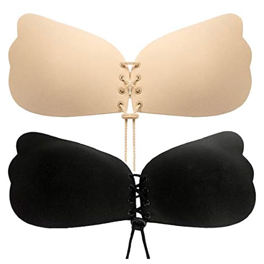 Tuopuda Sujetador Adhesivo de Silicona Reutilizable para Mujer sin Tirantes Invisible Push up sin Mujer Espalda con Cordones entrecruzados (A, Negro 1 Par+Beige 1 Par)