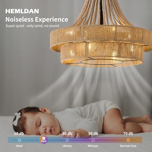 HEMLDAN 24” Modern Double Twine Drum Chandelier Fan with Adjustable Chain 8 Lights Rustic Pendant Fandelier Light with Remote Control for Bedroom Kitchen Island Dining Living Room (Twine, 24IN) - Image 8