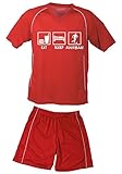  Coole-Fun-T-Shirts TRIKOTSET mit DEINEM Namen + Nummer ! Fussball EAT Sleep Football Kinder Trikot + Hose rot-rot, 134-140