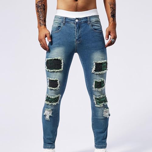 Men's Slim Fit Denim Pants Vintage Sparkly Sequins Tapered Trousers Carpenter Jeans Ripped 80s Disco Party Outfits4