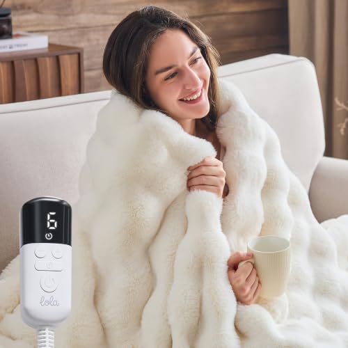 SMRISS Faux Rabbit Fur Heated Blanket Twin Size,Cream,62"x84"
