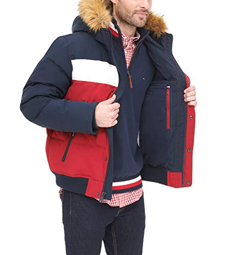 Tommy Hilfiger Men's Arctic Cloth Quilted Snorkel Bomber Jacket, Navy/White/Red, Medium #TOP6