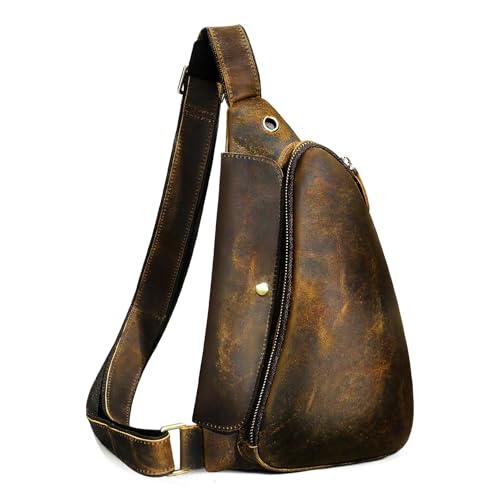 Handadsume läder vandring, resor, en axel ryggsäck, dagväska väska Sling Crossbody triangel bröstväska för män kvinnor...