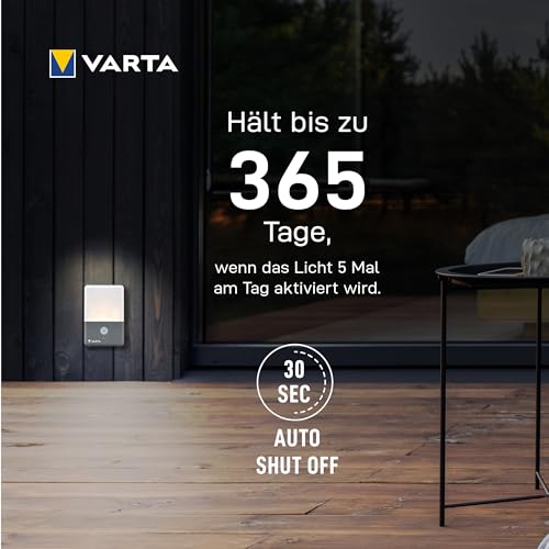 Varta Nachtlicht mit Bewegungssensor LED inkl. 3X AAA Batterien, Motion Sensor Outdoor Light, Installation: Schraube, Magnet oder 3M-Klebeband, Spritzwassergeschützt, automatische Abschaltung, Weiß
