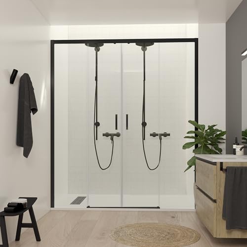 NEBADOON | Mamparas de Ducha - 2 Fijos + 2 Puertas Correderas - Mamparas de Ducha Corredera con Cristal Templado 6 mm Antical - Perfilería Negro Mate - 146 a 148cm Ancho Adaptable 4cm x 195cm (Alto)