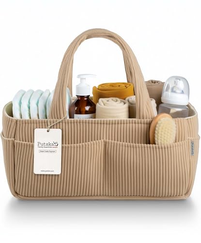 PUTSKA Baby Diaper Caddy Organizer for Changing Table – Stylish Nursery Storage Basket, Newborn Essentials, Baby Shower Gifts and Registry Must-Haves for Boy or Girl, Car Diaper Caddy, Corduroy Mocha