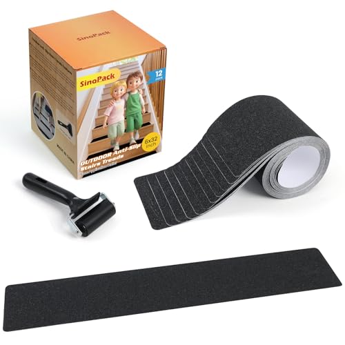 Image of Outdoor Non Slip Tape Black 6'' x 32'' (12-Pack) High Traction Adhesive Treads with Free Roller - Heavy Duty 80 grit Black Non Slip Tape -Anti Skid Strips - Grip Tape for Steps