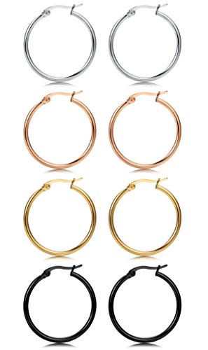 FIBO STEEL 4 Pairs 4 Colors Stainless Steel Small Hoop Earrings for Women Girls Huggie Earrings 25MM