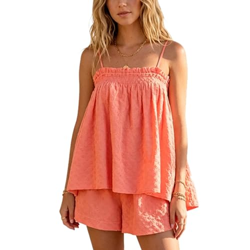 Image of SOOKABEILA Women 2 Piece Lounge Set Sleeveless Striped Cami Peplum Top Boxer Shorts Loose Ruffle Matching Pj Sets Outfits