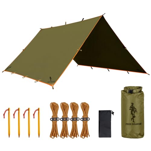 FREE SOLDIER Tarp wodoszczelna plandeka 4 x 4 m, ultralekka plandeka namiotowa, ochrona przed promieniowaniem UV, na kemping, kemping, wędrówki, aktywności na świeżym powietrzu