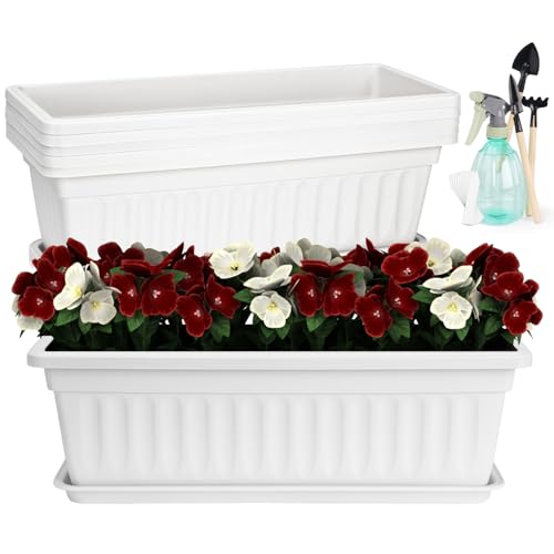 HOXHA 6 Pack Window Box Planter, 17 Inches Vegetable Flower Plastic Planter Boxes with Tray, Rectangular Planter Indoor and Outdoor Flower Pots for Windowsill, Patio, Porch, Garden Balcony, White