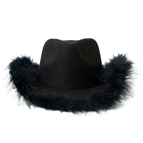 Lanzom Women Men Cowgirl Hat With Feather Wide Brim Felt Cowboy Hat For Halloween, Bachelorette Party Hat Accessories (Black) #TOP2