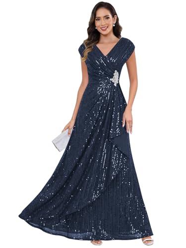 Ywwaaq Lace Sequin Mother of The Bride Dress V-Neck Navy Blue Long Cap Sleeve Ruched Evening Gown US12