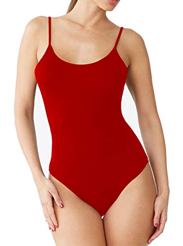 SUNRO Women's Sexy Scoop-Neck Cami Bodysuits Jumpsuits (Wine Red, Small)