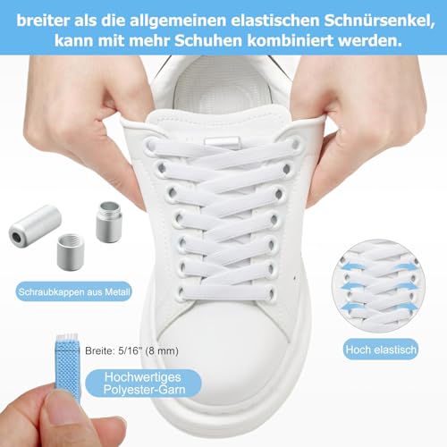 Puzeam 2 Paar Elastische Schnürsenkel, flach, mit Metallkapsel - Schuhbänder ohne binden für Kinder Erwachsene Schuhe, GummiSchürsenkel Weiß 120