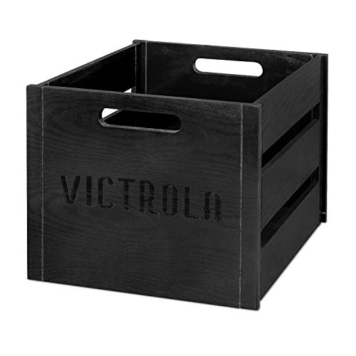 Image of Victrola Wooden Record Crate - Tabletop Vinyl Album Holder, No-Tool Assembly, Holds Over 50 Records, Real Wood Construction, Elegant Design (Black)