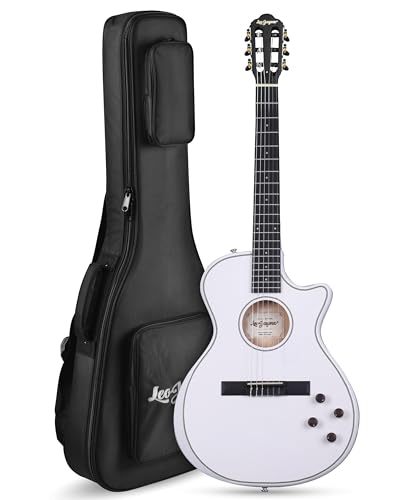 Leo Jaymz Slotted Headstock Classical Acoustic-Electric Guitar with Cutaway, Matte Finish Nylon String Guitar, Solid Top, Dual Pickup System & Stainless Steel Frets (Pure White)