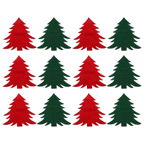 POPETPOP Paquet à Couverts en Tissu Porte-Couverts Créatif et Délicat Lot de 12 et Rouge et Vert de Sapin de Noël Décoration de Table pour Dîner Festif
