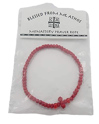 Blessed Greek Christian Orthodox Handmade Prayer Rope From Mt.Athos (Komboskoini Chotki) Thin Red Fragrance With Holy (Chrism- Myrrh)4