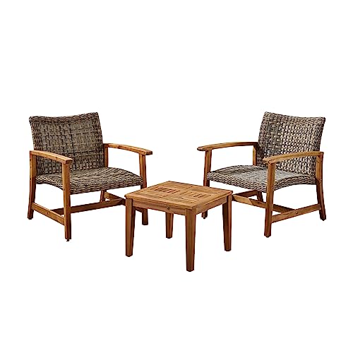 Christopher Knight Home Hampton Outdoor 3 Piece Wood and Wicker Club Chairs and Side Table Set, Gray