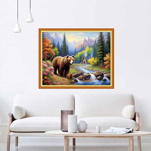 Image of DMCVIVR Stamped Cross Stitch Kits for Beginners Adults Needlepoint Kits for Beginners Embroidery Kits for Adults Crossstitch Kit for Beginners 11CT-Bear Scenery 16x20 inchs