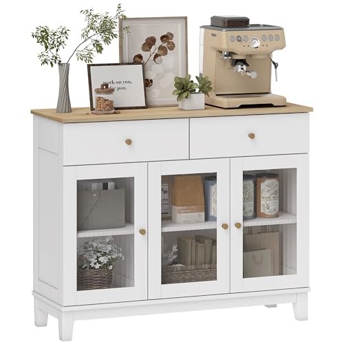 HOMCOM Buffet Salon - Armadietto portaoggetti con 2 ante in vetro temperato a coste, 2 cassetti e ripiani regolabili, credenza sala da pranzo e soggiorno, 100 x 35 x 80,3 cm, bianco