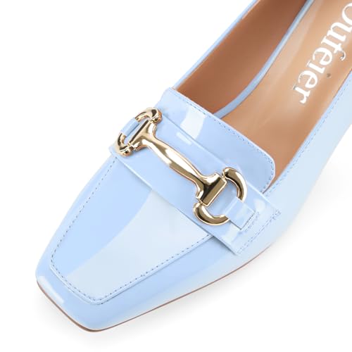 Image of Womens Mid Block Chunky Heeled Loafers Closed Square Toe Patent Leather Comfortable Slip On Pumps Metal Chain Basic Classic Casual Work Office Dress Shoes 2.8 Inches Heels