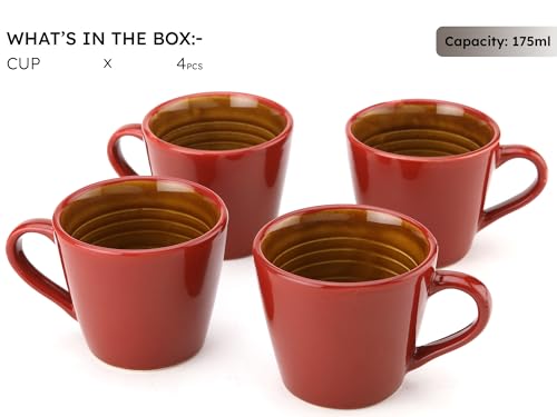 Image of Bodhi House Handcrafted Ceramic Tea Cup Set of 4 Pieces (175 Ml), Stoneware Coffee Mug, Microwave Safe Small Tea Cup, Glossy Finish, Ideal for Daily use, Casual Gatherings and Gifting, Burgundy