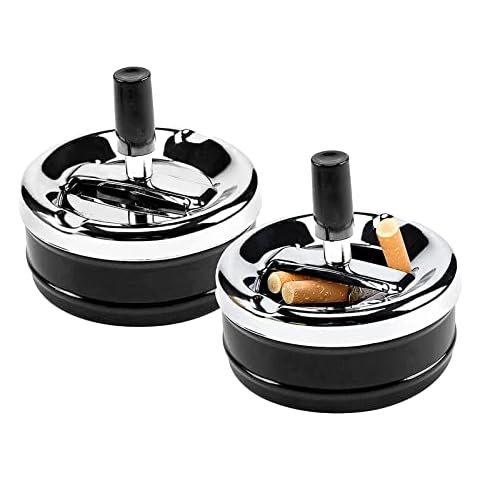 AllRight 2Pcs Spinning Ashless Ashtray 9.5cm Round Push Down Ashtray with Lid Metal Windproof Outdoor Ashtray for Home Office (Black) Cover
