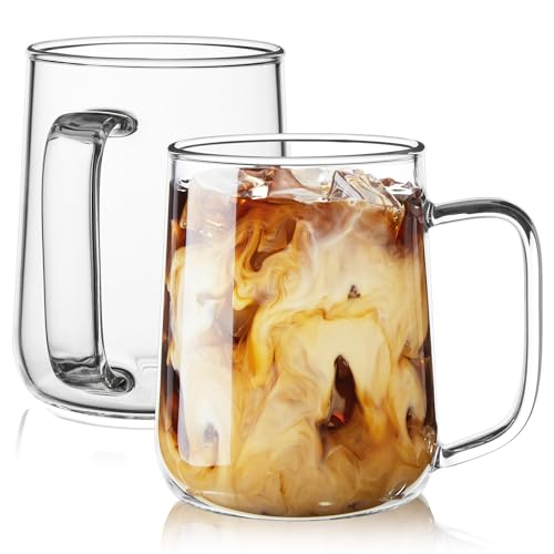 ZMZKKLL Glass Coffee Mugs, 16 oz Glass Coffee Cups Set of 2, Clear Borosilicate Glass Mugs with Handles for Cappuccino, Tea, Latte, Hot/Cold Beverages, Wine, Americano