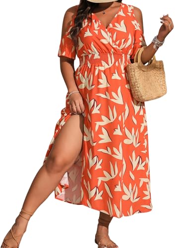 Image of Floerns Women's Plus Size Cold Shoulder Tropical Print V Neck Flared A Line Long Dress