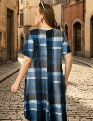 Image of OVERWORETY Womens Short Sleeve Plus Size T-Shirt Dress V Neck Casual Loose Swing A-Line Summer Tunic Dresses with Pockets