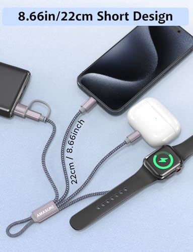Short 8inch 3 in 2 USB C Cable for Apple Watch Charger iPhone Charger USB C Multi Fast Charging Cable Compatible with iWatch Ultra/SE/10/9/8/7/6/5/4/3/2/1 & iPhone 16/15/14/13/12/11/Galaxy S23 - 8