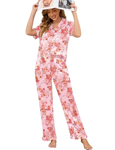 Image of SWOMOG Women Satin Pajamas Set Short Sleeve Top & Pants Sleepwear Silky Button Down Nightwear 2pcs Loungewear Pjs Set