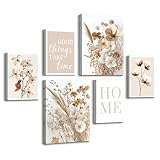 6 Sets of Boho Beige Weiß Blumen Leinwandbilder mit Rahmen Minimalistisch Zuhause Blumen Bilder Natur Pflanzen Wandbilder Schlafzimmer Bild Auf Leinwand Kunstdruck Deko für Wohnzimmer 20X30X4+30X40X2