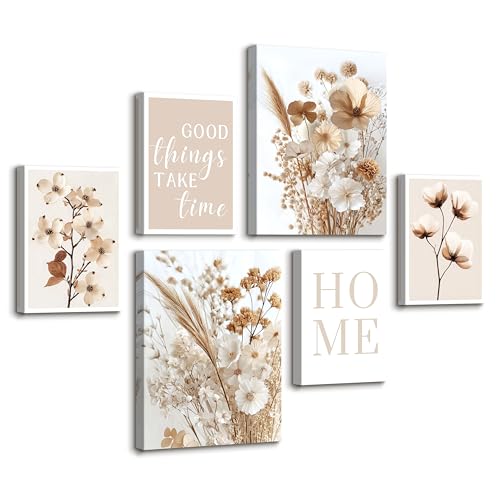 6 Sets of Boho Beige Bianco Fiori Moderni Quadri Per Soggiorno Con Cornice, Moderno Casa Floreale Quadro Su Tela Natura Piante Stampe Da Parete Poster Quadretti Decorazioni per Camera da Letto Cucina